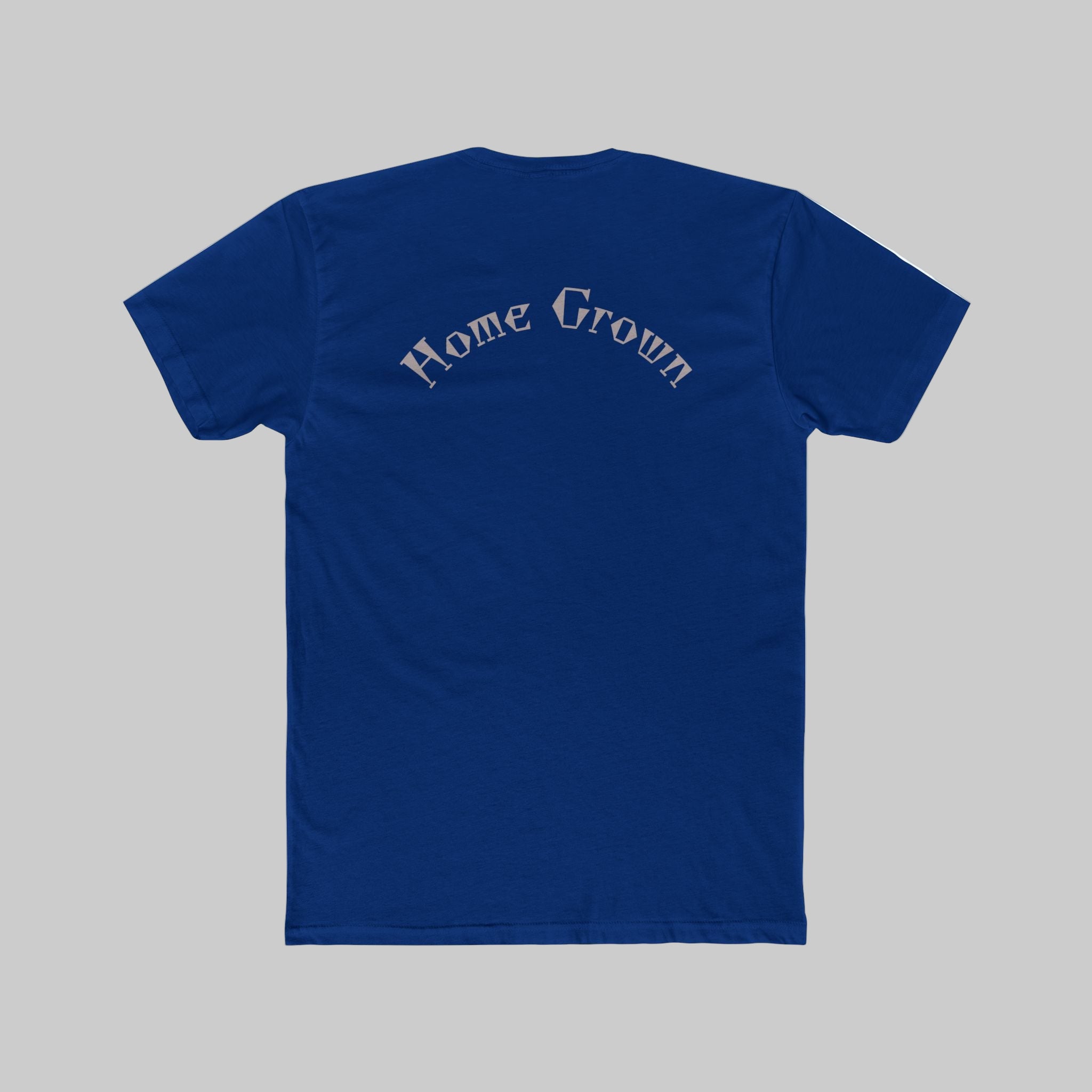 Blue t-shirt with 'Home Grown' text on a white background