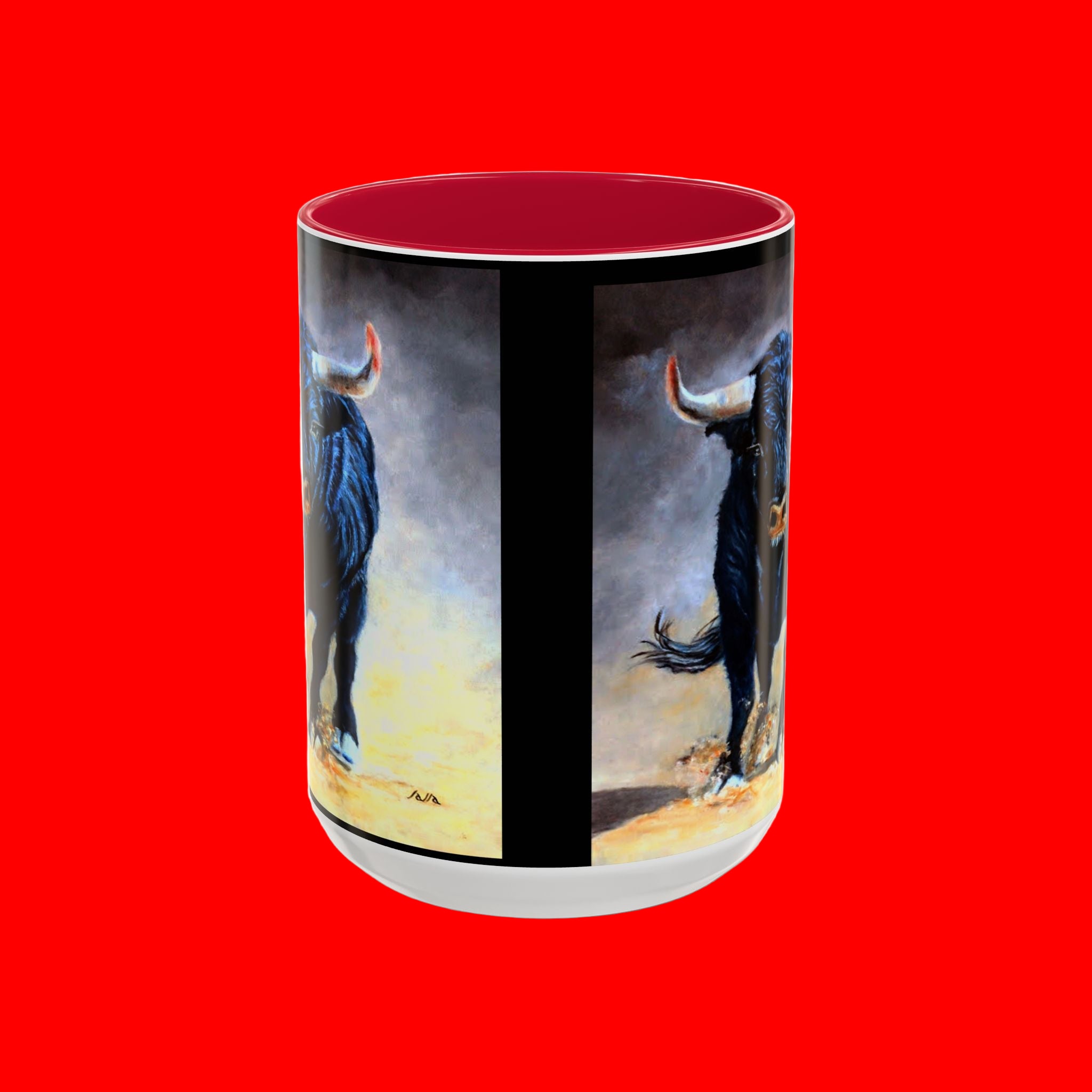 Mug with artistic depiction of a bull and matador on a white background