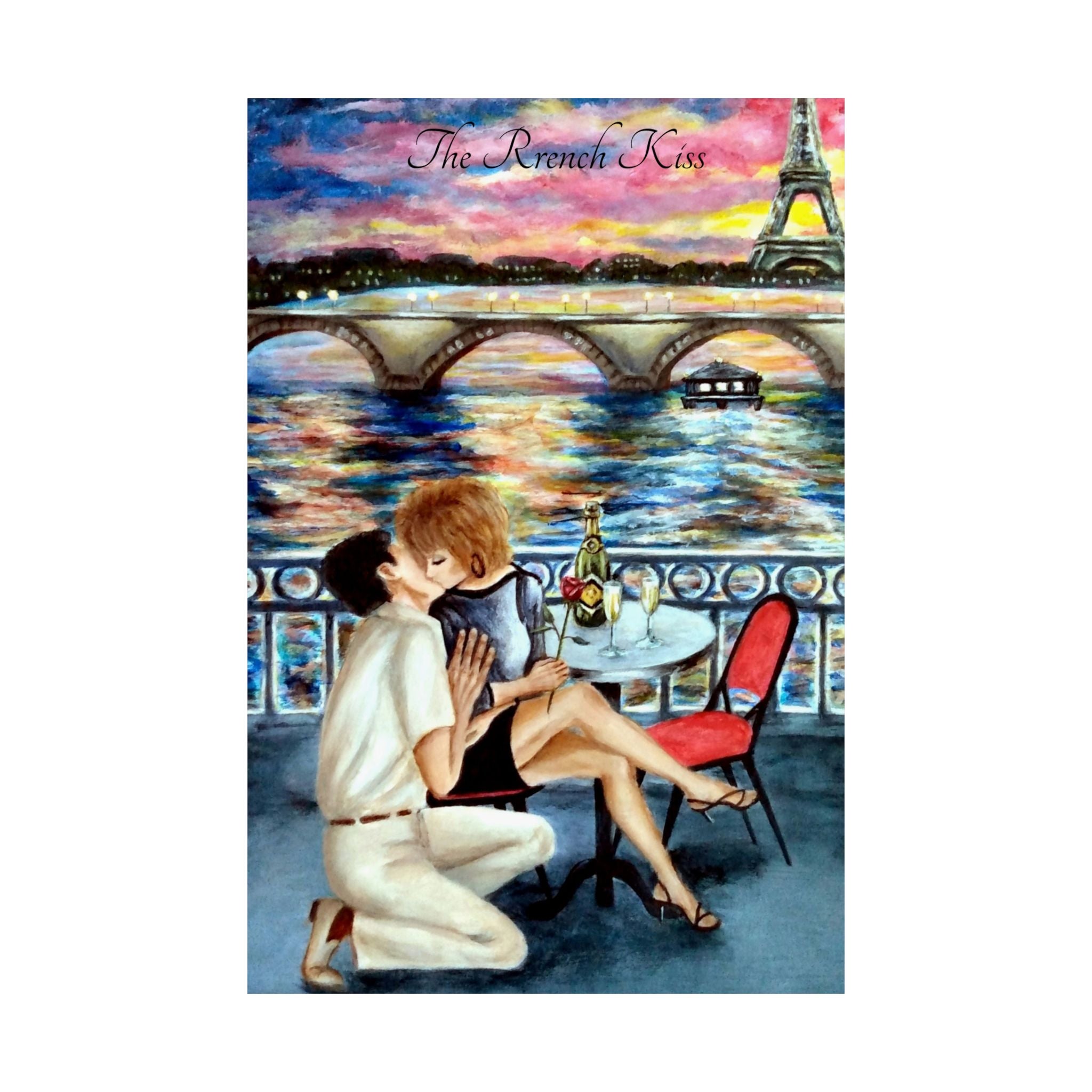 Painting of a couple kissing by a river with the Eiffel Tower in the background, titled 'The French Kiss'.