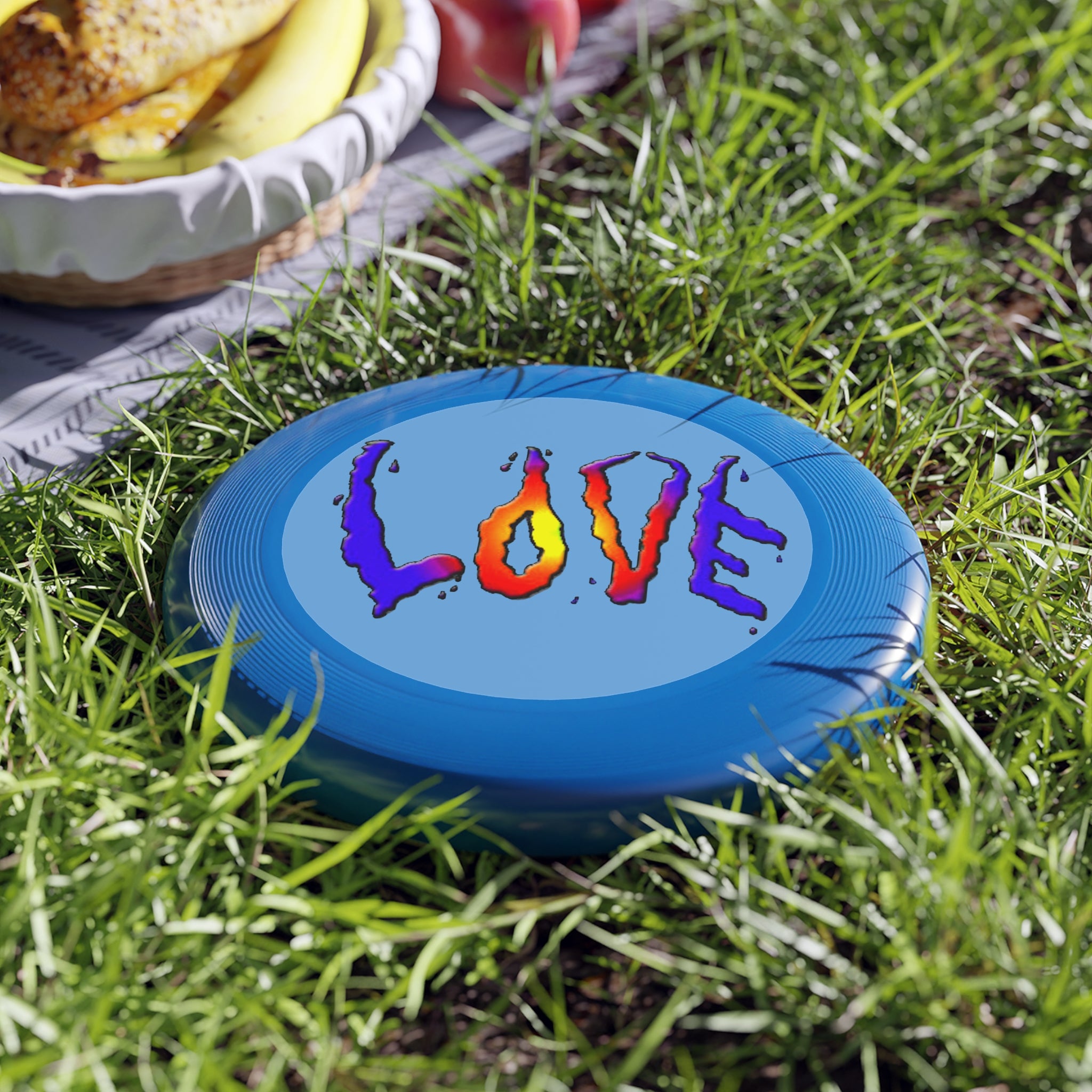Blue frisbee with 'LOVE' in colorful letters on grass