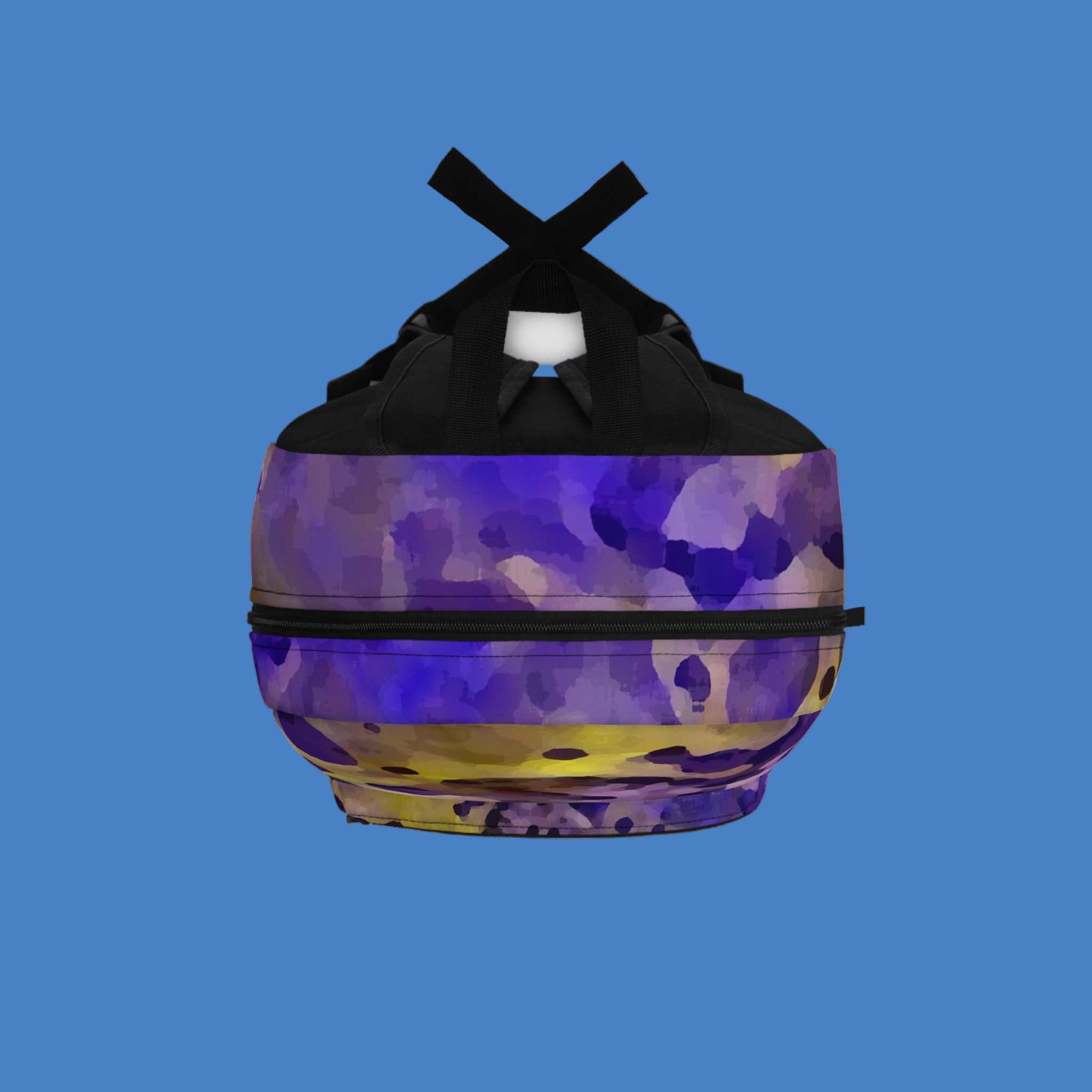 Black backpack with a purple and yellow camouflage pattern on a white background