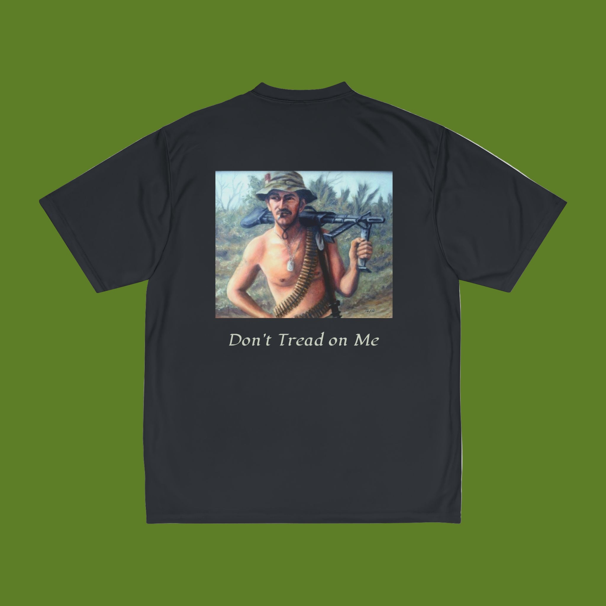 Black t-shirt with a graphic of a man holding a rifle and 'Don't Tread on Me' text on a green background