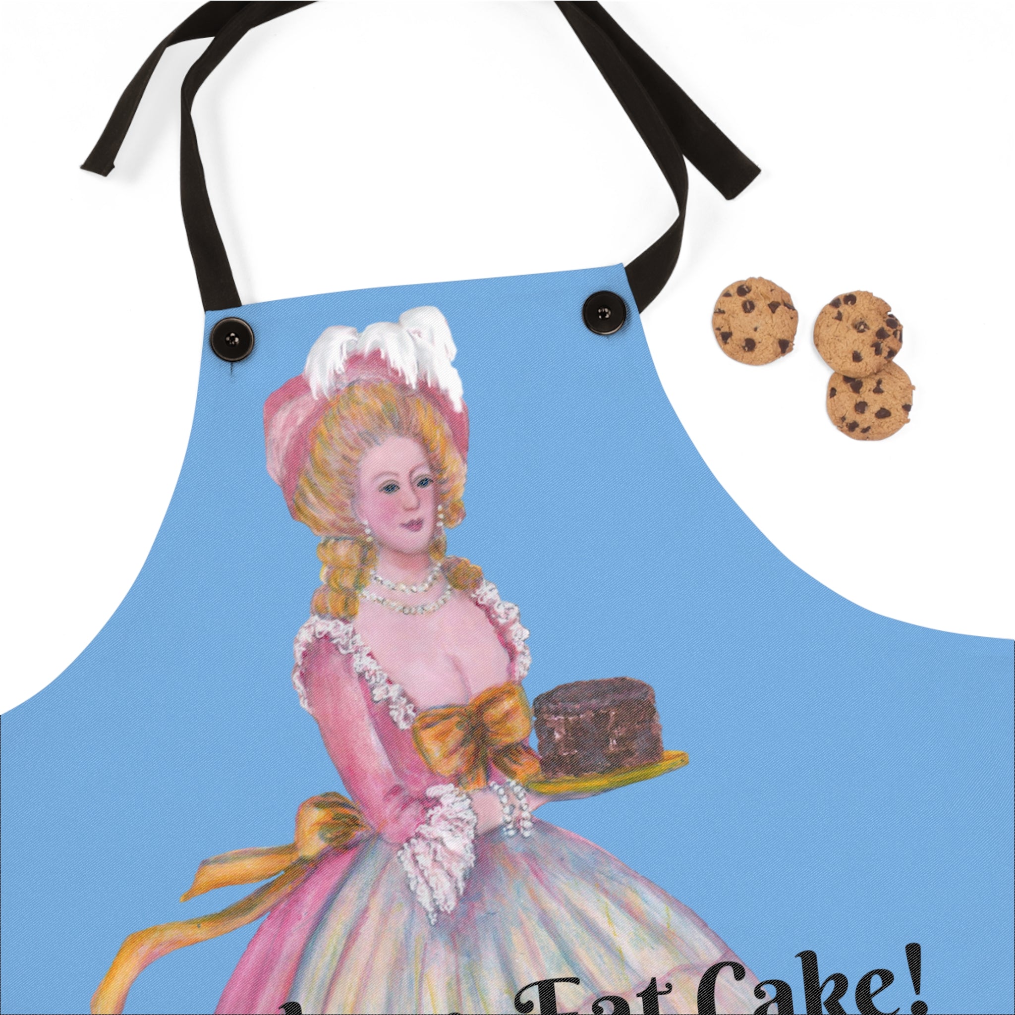Apron with vintage-style illustration of a woman holding a cake, accompanied by cookies on a white background.