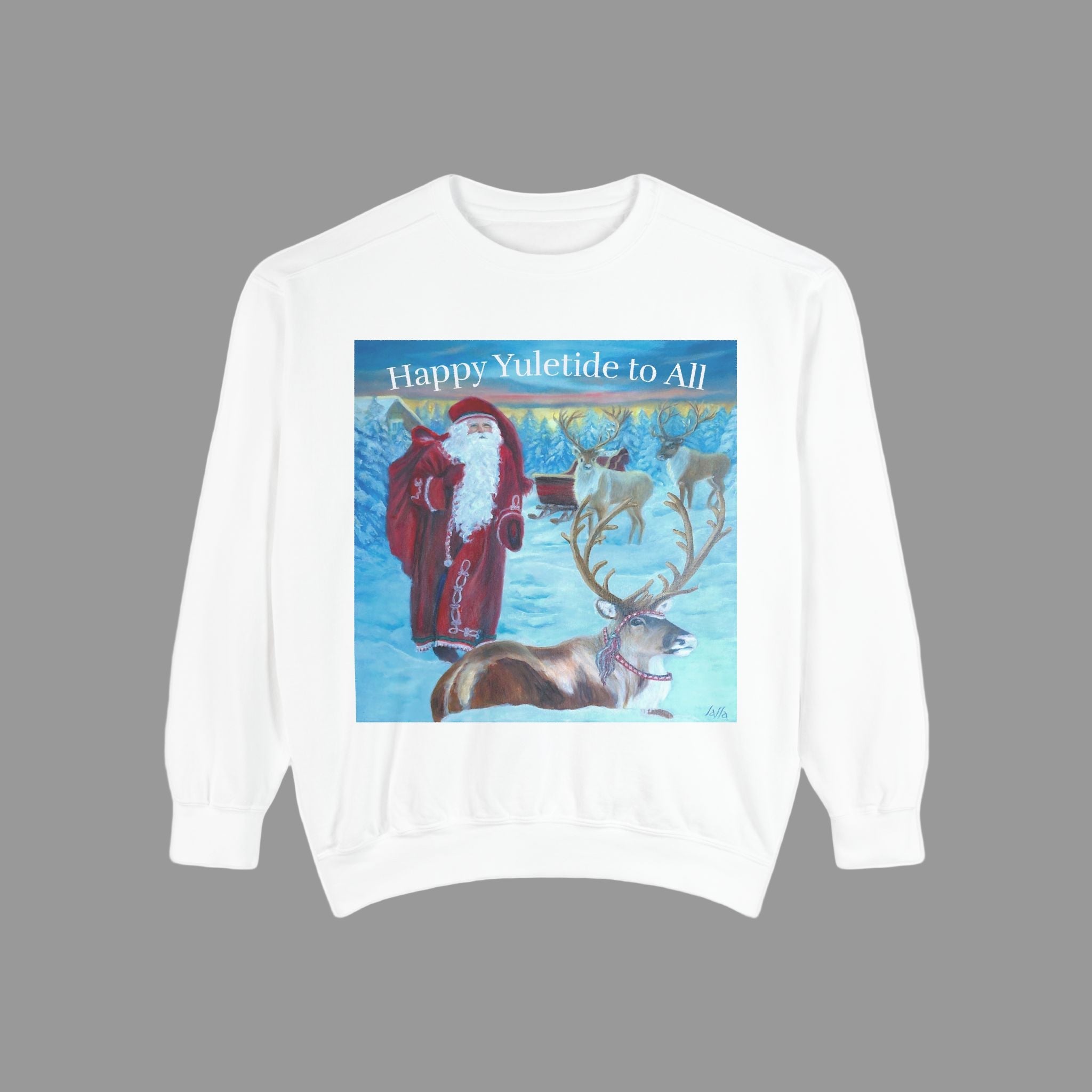 White sweatshirt with a Christmas-themed graphic of Santa Claus and reindeer on a light background.