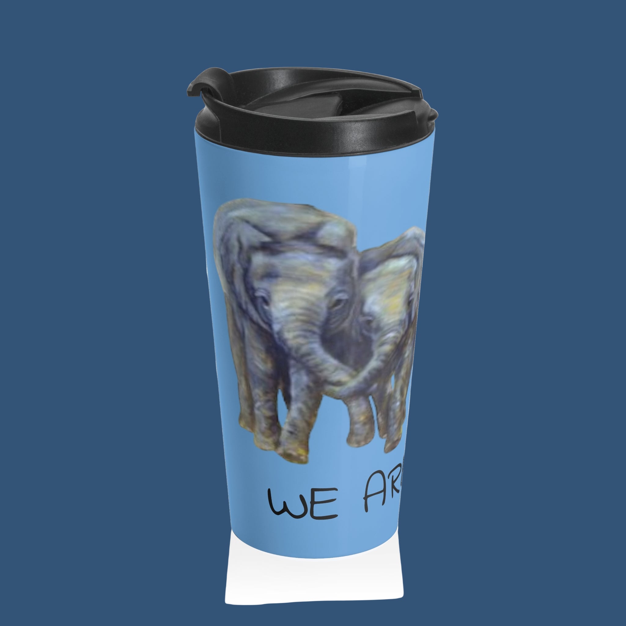 Travel mug with an elephant design and 'We Are Family text on a blue background