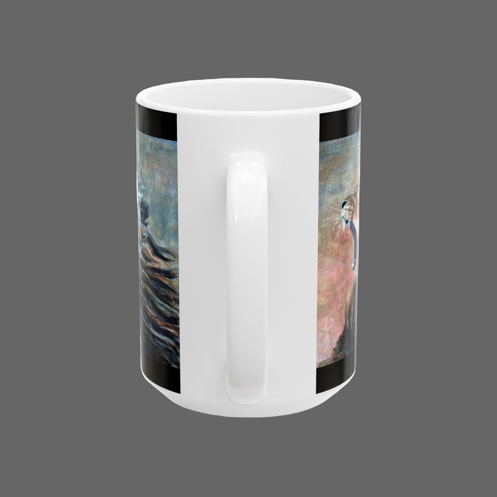 White mug with a black rim featuring a nature-themed design on a dark gray background