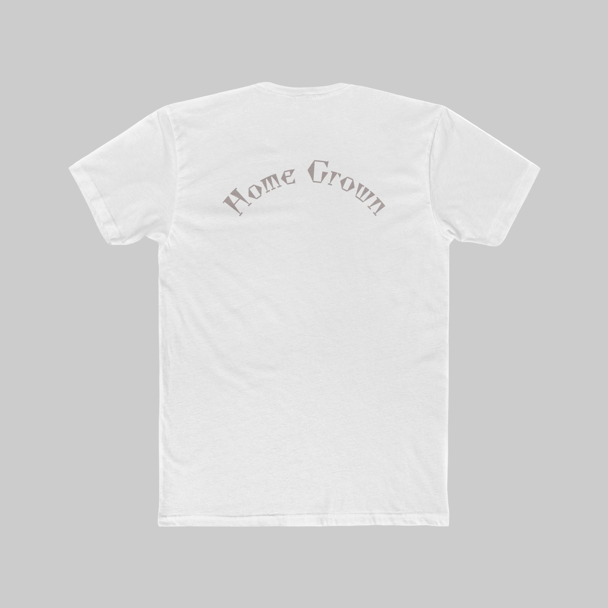 White t-shirt with 'Home Grown' text on a light background
