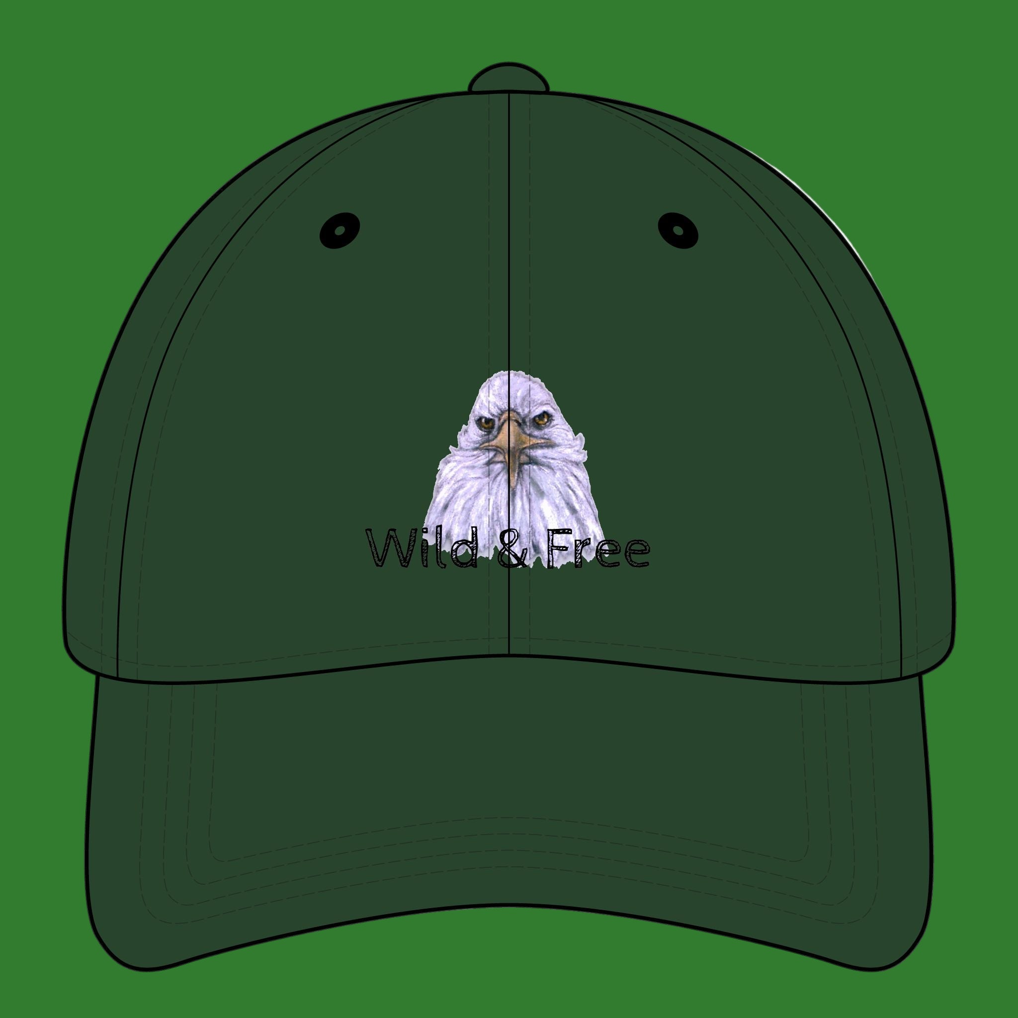Green cap with an eagle design and 'Wild & Free' text on a green background