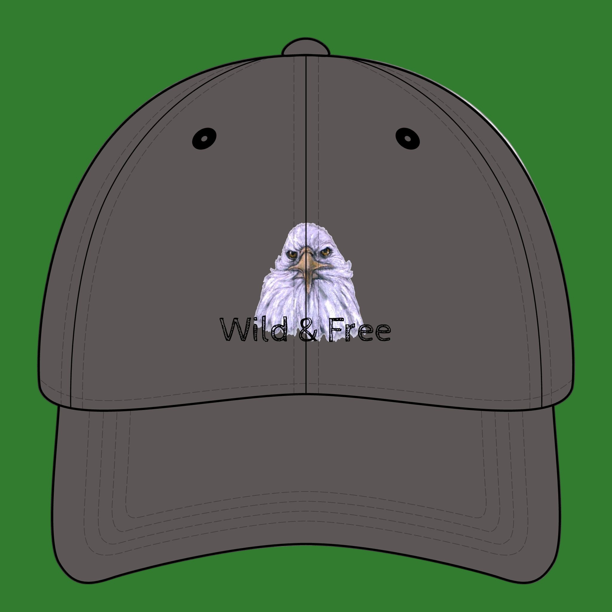 Dark gray cap with an eagle design and 'Wild & Free' text on a green background