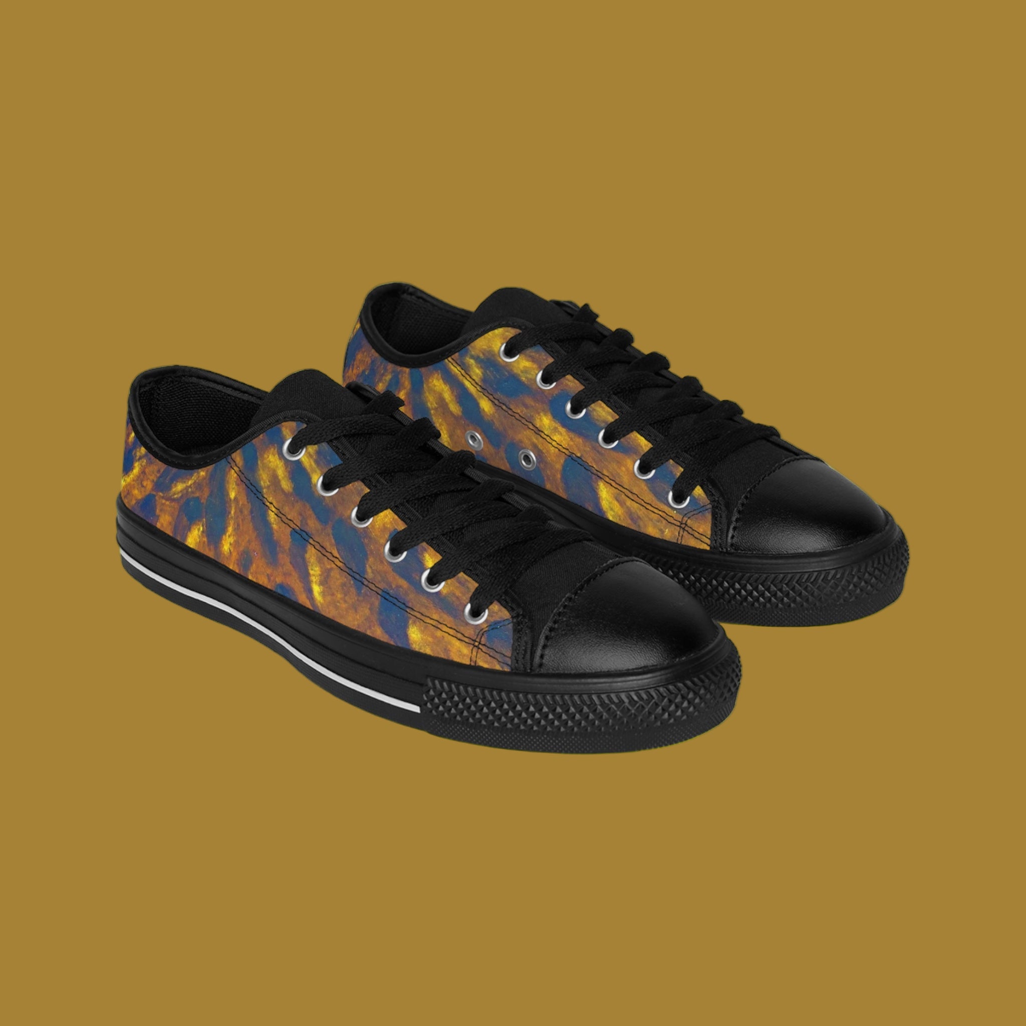 Black sneakers with a colorful pattern on a white background