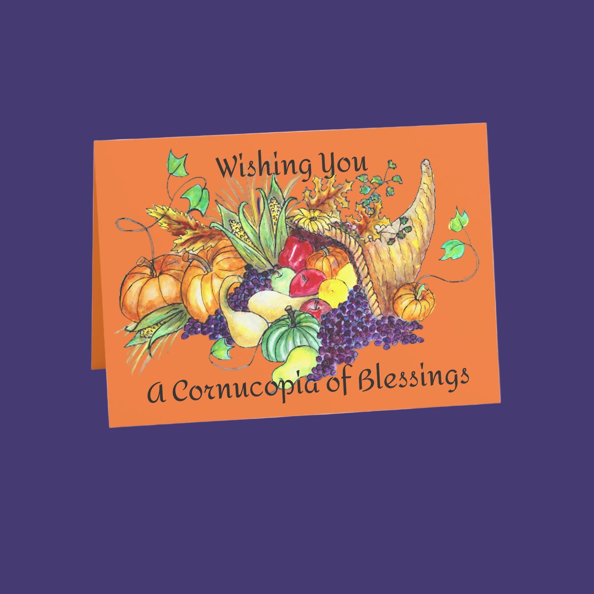 Greeting card with autumn-themed illustration and text on an orange background