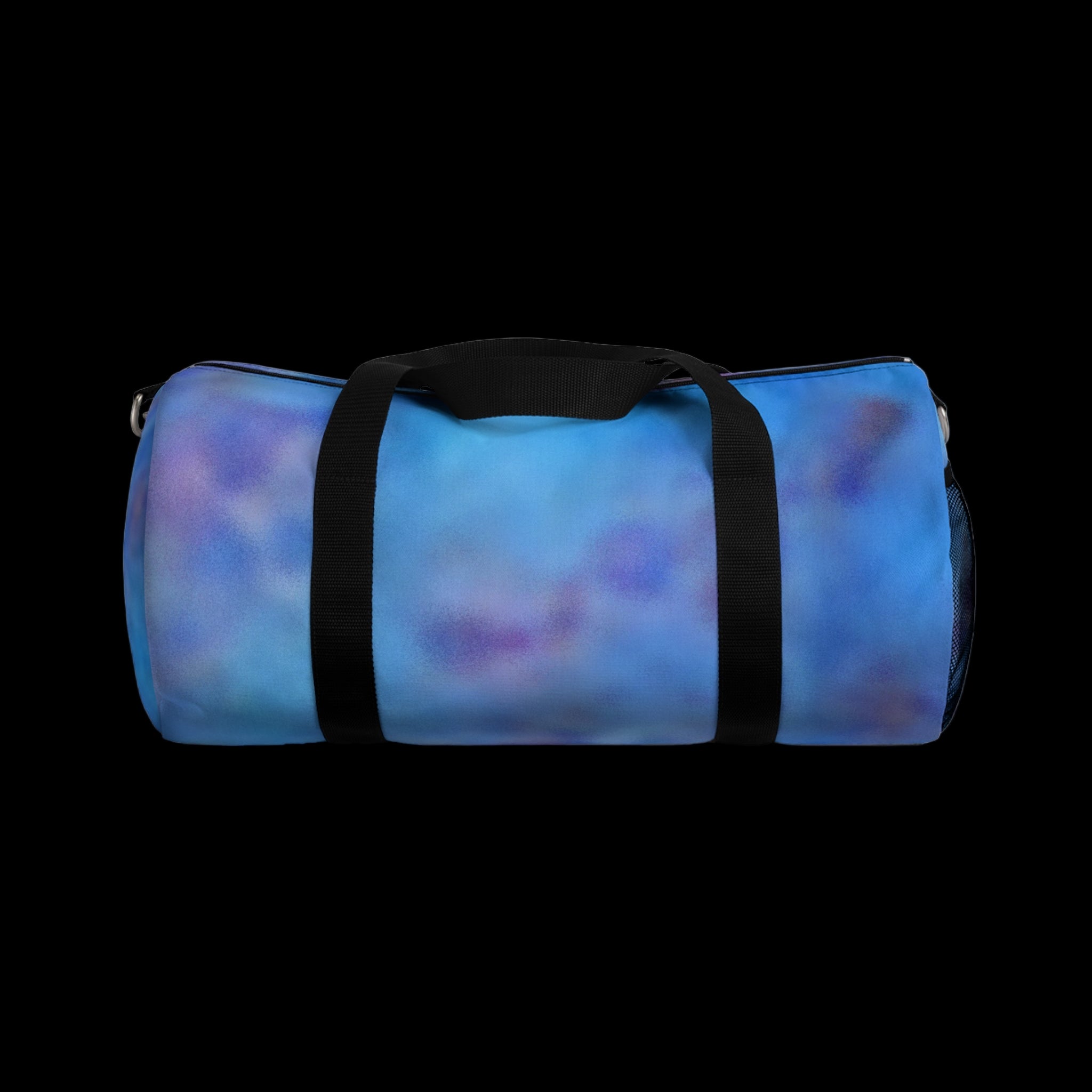 Blue duffel bag with black straps on a white background