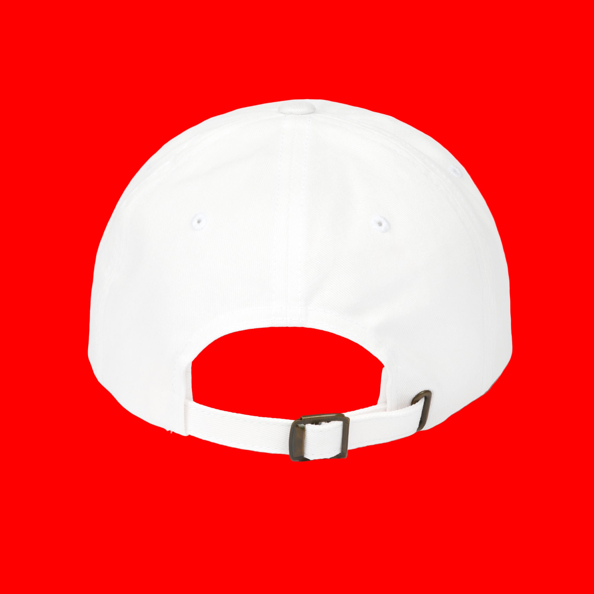 White baseball cap with a brown buckle on a white background