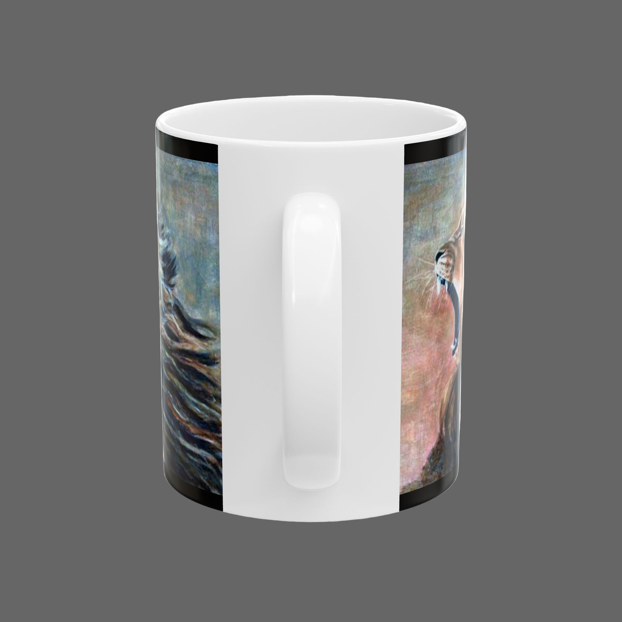 White mug with artistic design of a woman and a child on a dark gray background