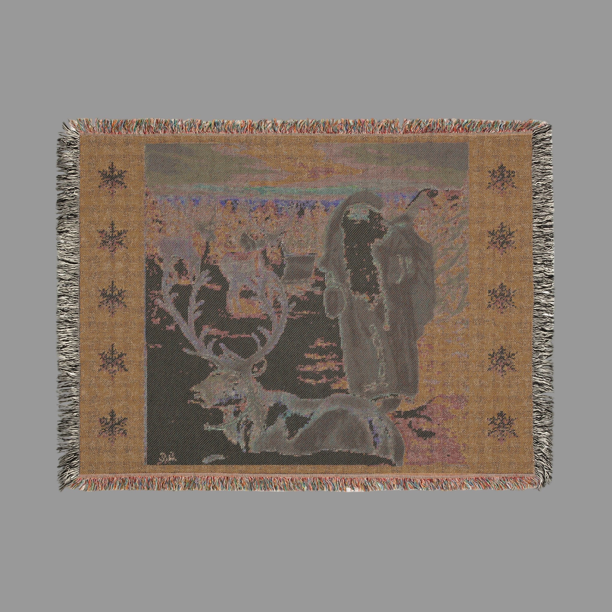 Woven blanket with deer and landscape design on a beige background