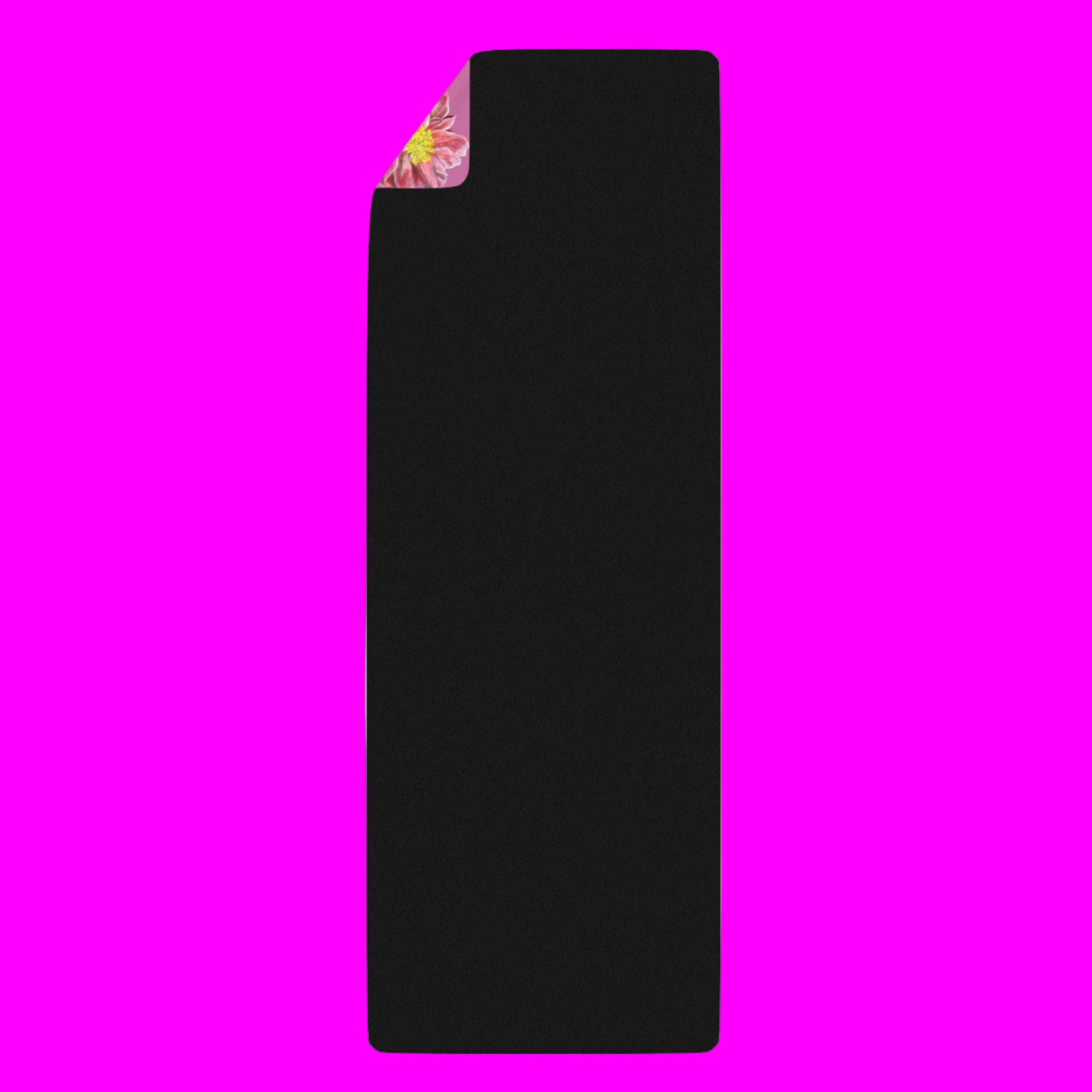 Black yoga mat with colorful corner on a white background