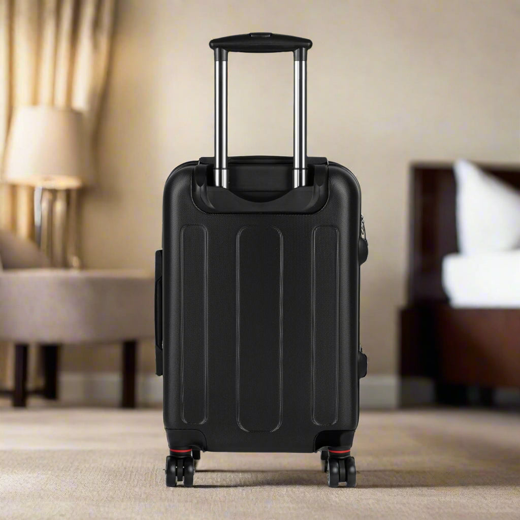 Black suitcase with wheels on a white background