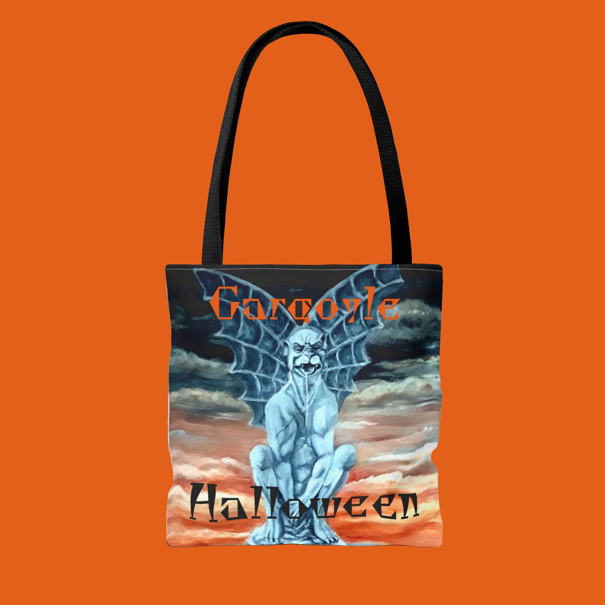 Tote bag with a gargoyle design and 'Halloween' text on an orange background