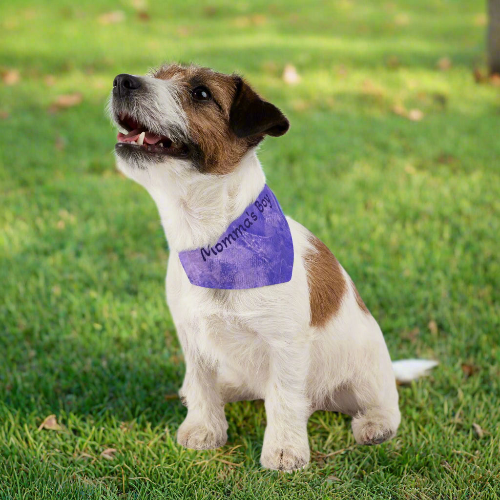 Small dog wearing a purple bandana with 'Mommy's Boy' text on a white background