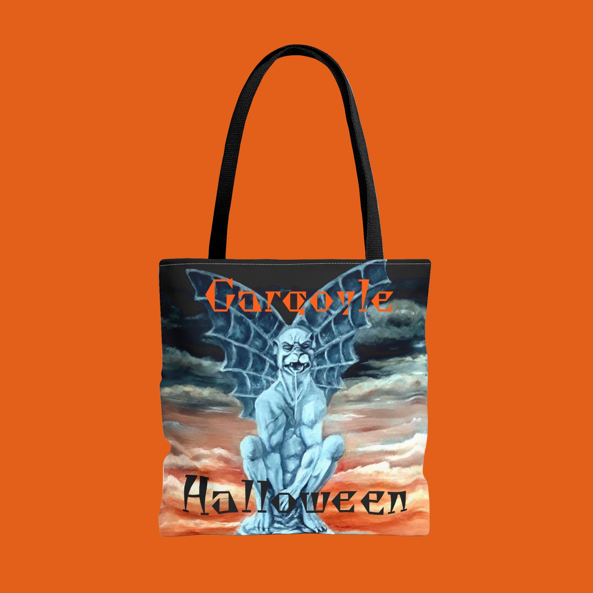 Tote bag with a gargoyle design and 'Halloween' text on an orange background