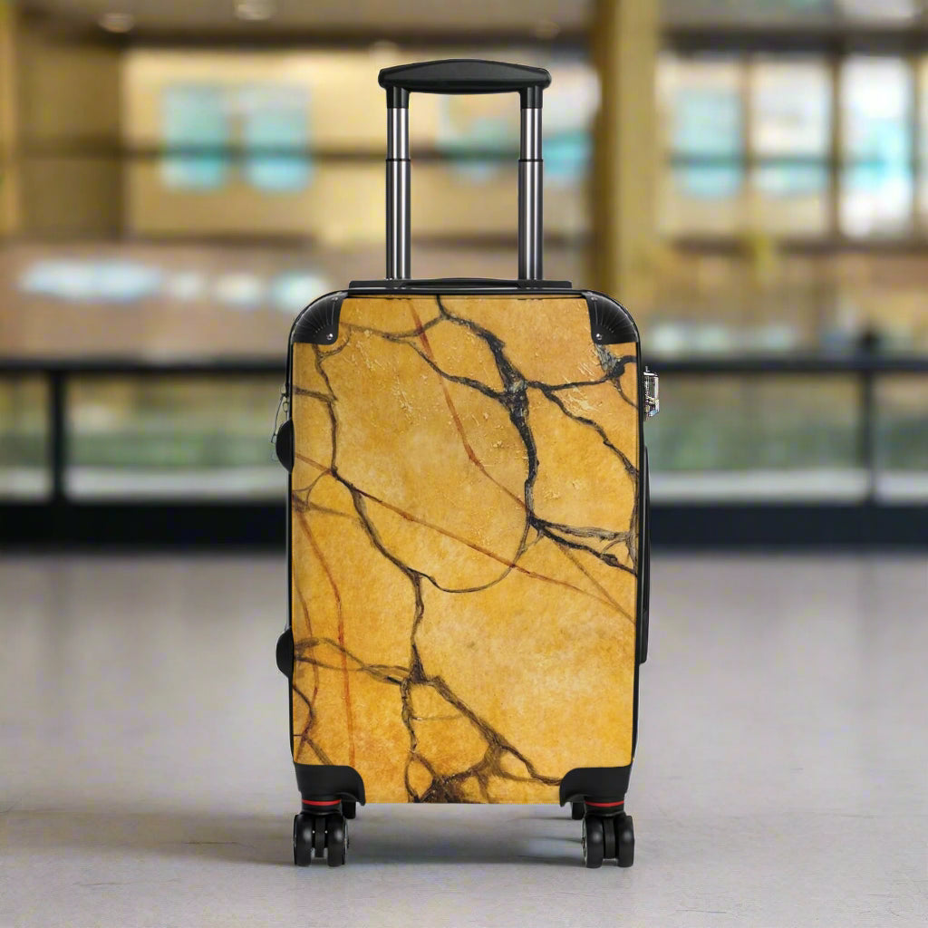 Marble-patterned suitcase on a white background